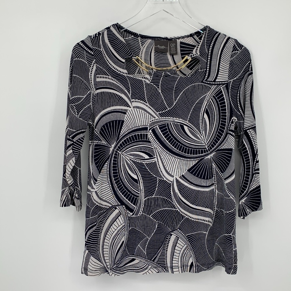 Chicos Travelers jersey knit tunic top blouse shirt navy blue gold PETITE Small